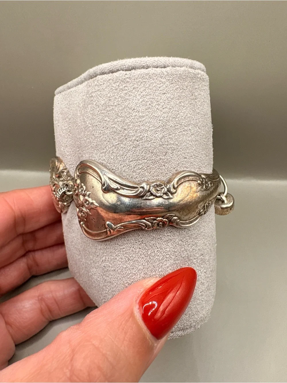 Handmade Silver-Tone Spoon Style Bracelet Floral Scrollwork 7.5”